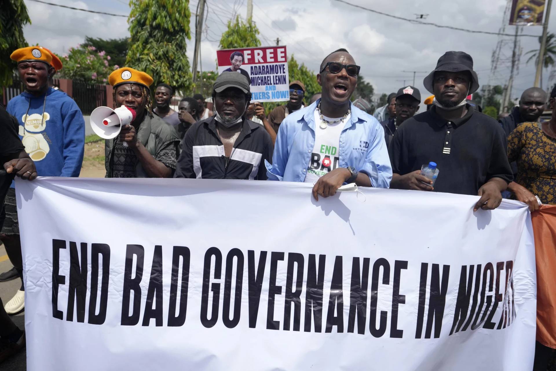 People protest against economic hardship on the occasion of Nigeria’s 64th independence anniversary, in Lagos Nigeria, Tuesday, Oct. 1, 2024. (Credit: Sunday Alamba/AP.)