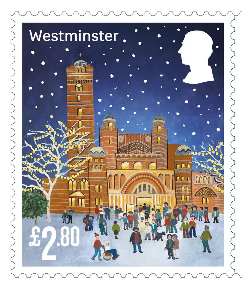 A new Christmas stamp from Britain's Royal Mail features the Cathedral of the Diocese of Westminster in London. (Credit: Royal Mail.)