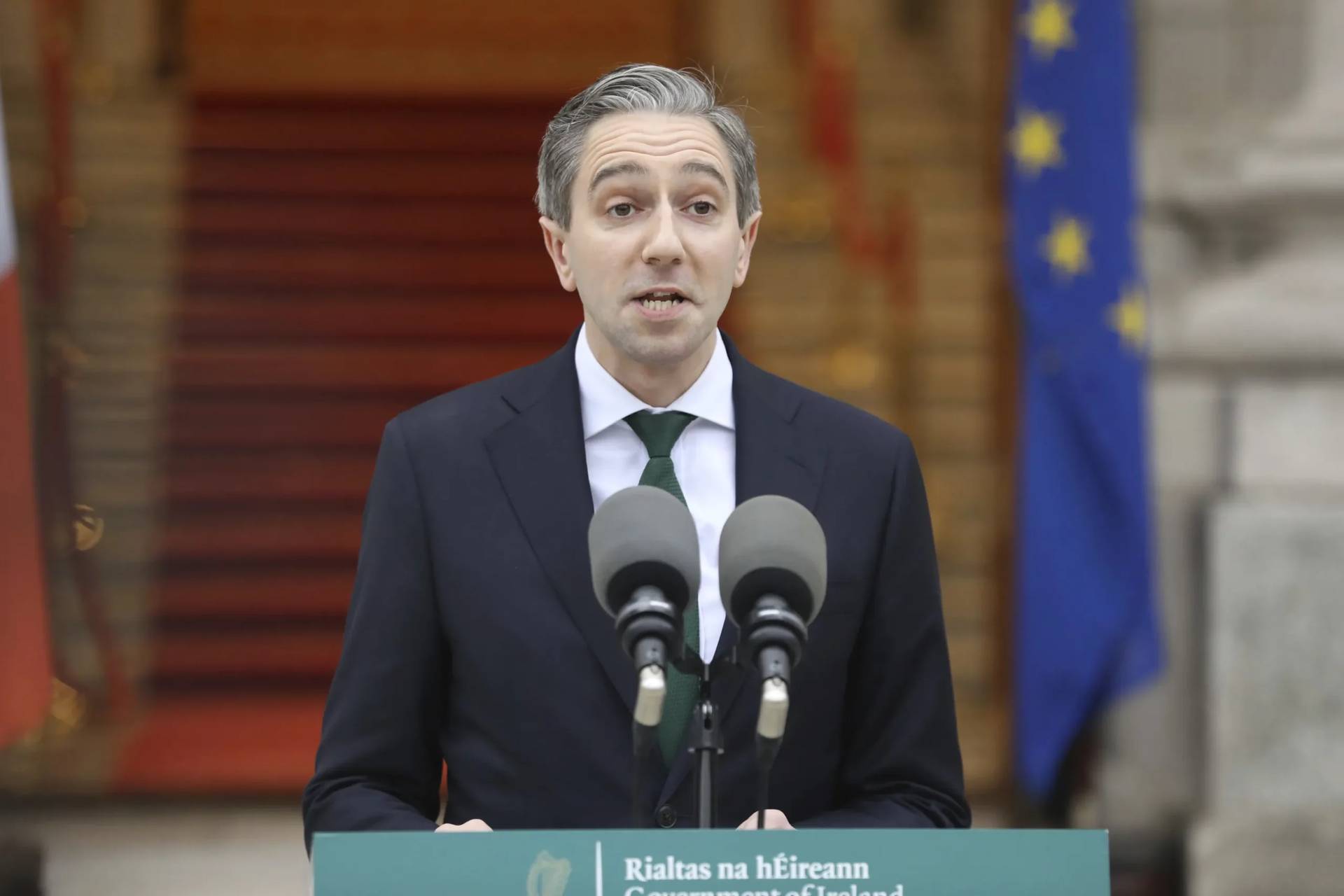 Irish Prime Minister Simon Harris makes a statement outside Government Buildings ahead of the Dail being formally dissolved for the General Election scheduled for next Nov. 29, in Dublin Friday Nov. 8, 2024. (Credit: Gareth Chaney/PA Wire/PA via AP.)