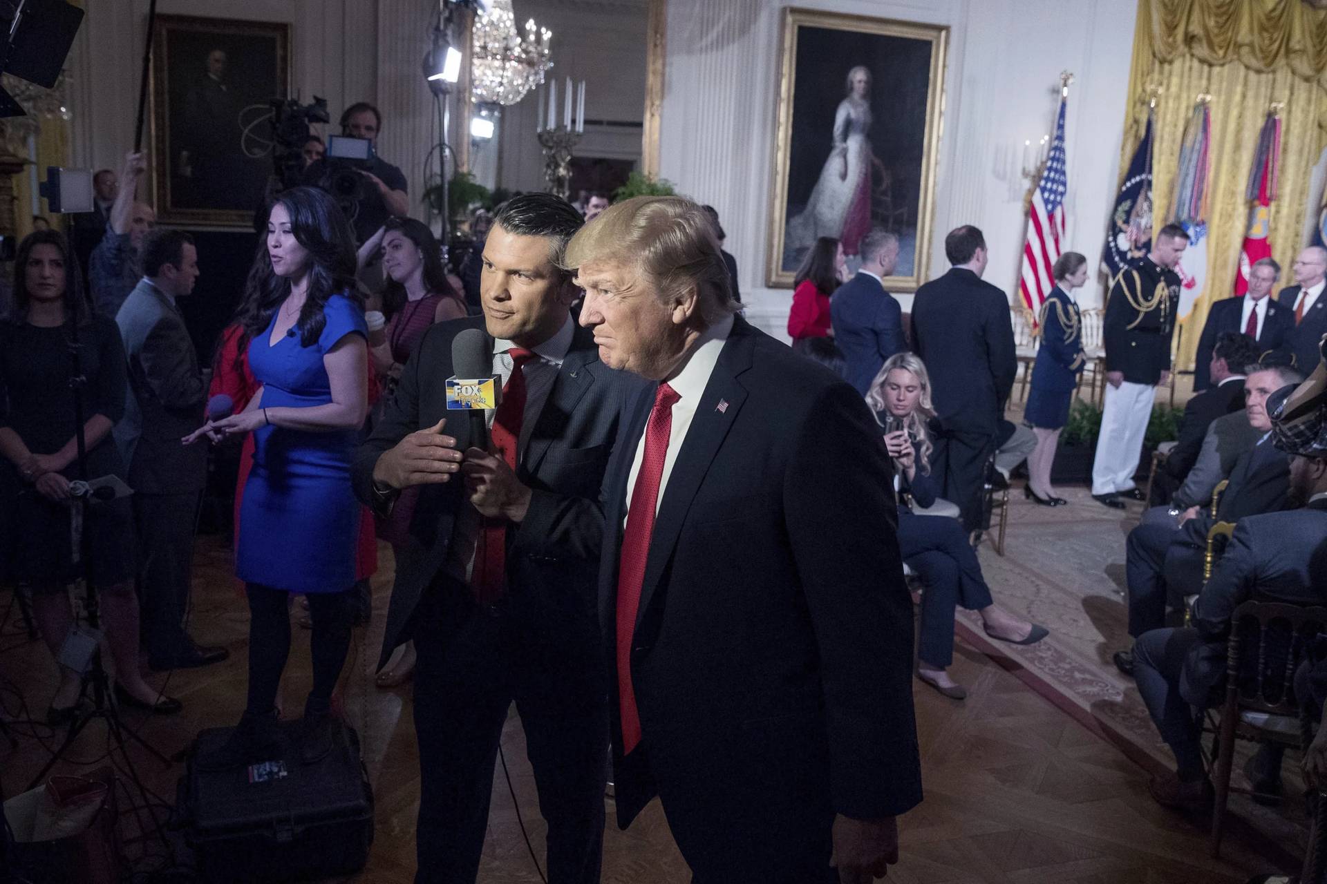 President Donald Trump appears on Fox & Friends co-host Pete Hegseth at a Wounded Warrior Project Soldier Ride event in the East Room of the White House in Washington, Thursday, April 6, 2017. (Credit: Andrew Harnik/AP.)