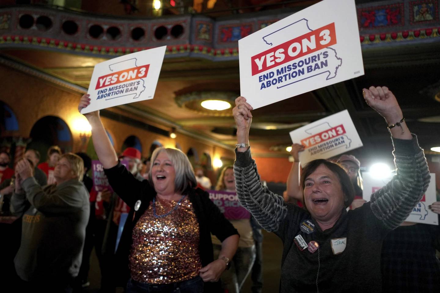 People at an election night watch party react after an abortion rights amendment to the Missouri constitution passed Tuesday, Nov. 5, 2024, in Kansas City, Mo. (Credit: Charlie Riedel/AP.)