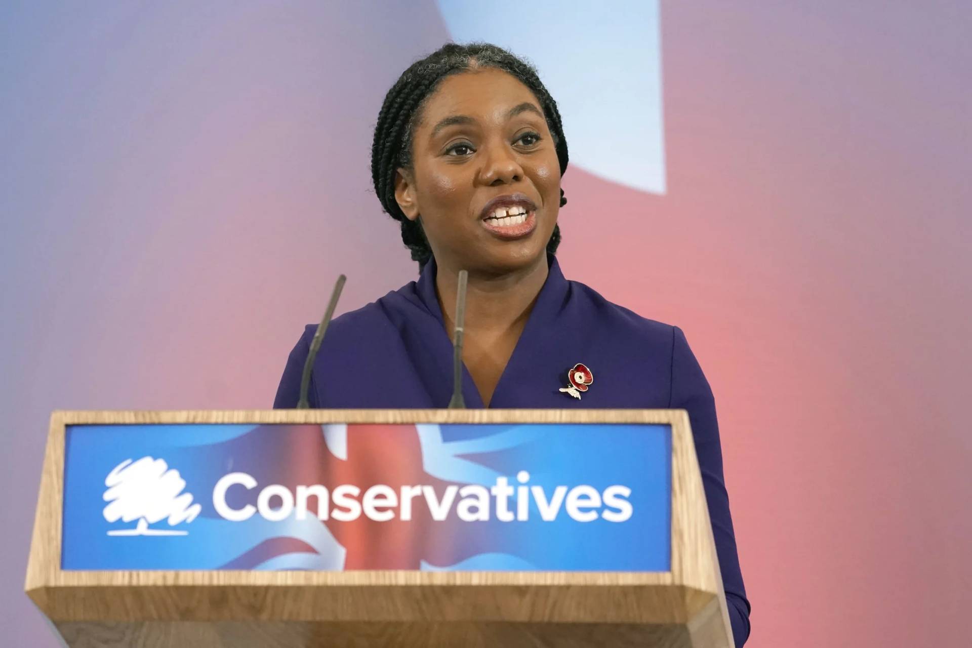 Britain’s Member of Parliament Kemi Badenoch speaks after being elected as the new leader of the opposition Conservative Party, in London, Saturday, Nov. 2, 2024. (Credit: Alberto Pezzali/AP.)