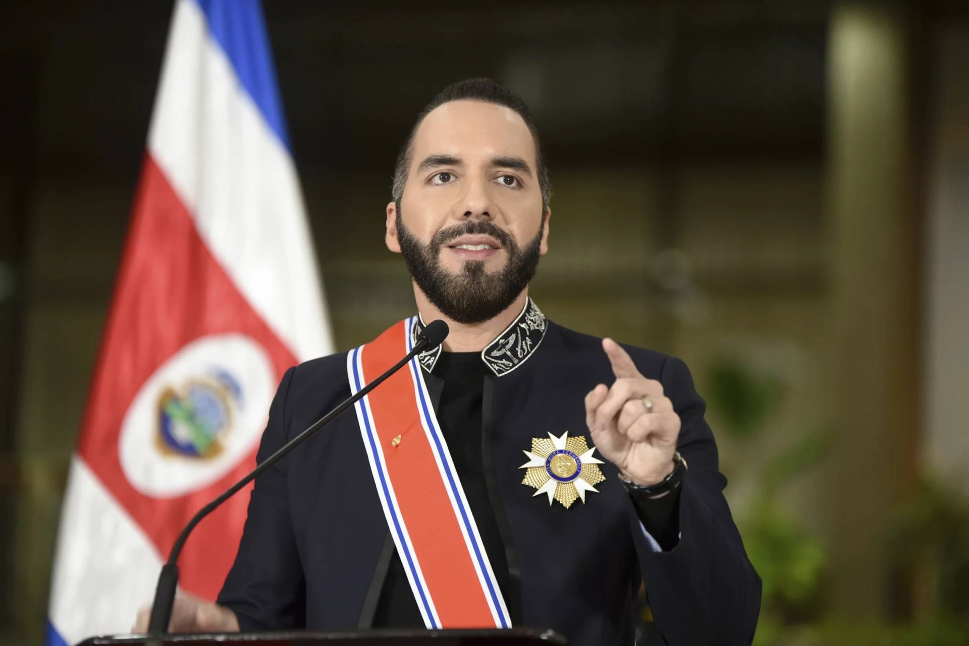 El Salvador President Nayib Bukele speaks after receiving Costa Rica’s highest honor from President Rodrigo Chaves at the presidential palace in San Jose, Costa Rica, Monday, Nov. 11, 2024. (Credit: Jose Diaz/AP.)