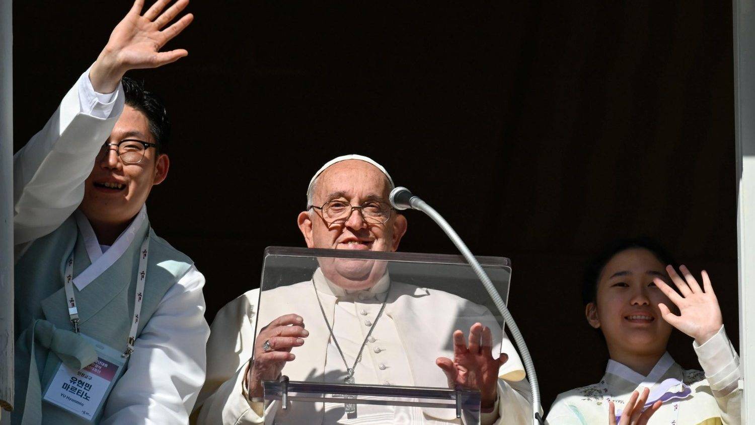 Pope Francis with two Korean youths during his Sunday, Nov. 24, 2024, Angelus address. (Credit: Vatican Media.)