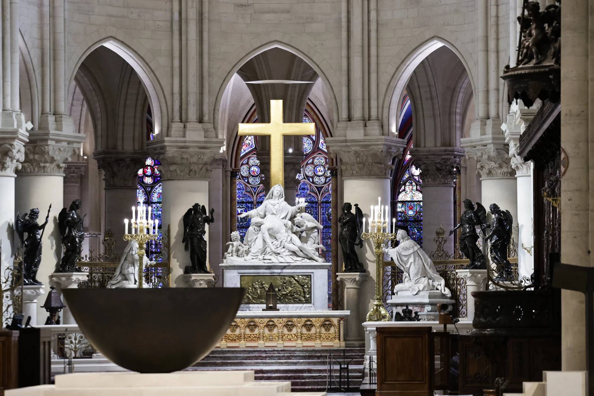 The altar designed by French artist and designer Guillaume Bardet is seen in the heart of Notre-Dame de Paris cathedral while French President Emmanuel Macron visits the restored interiors of the monument, Friday, Nov. 29, 2024, in Paris. (Credit: Stephane de Sakutin/Pool via AP.)