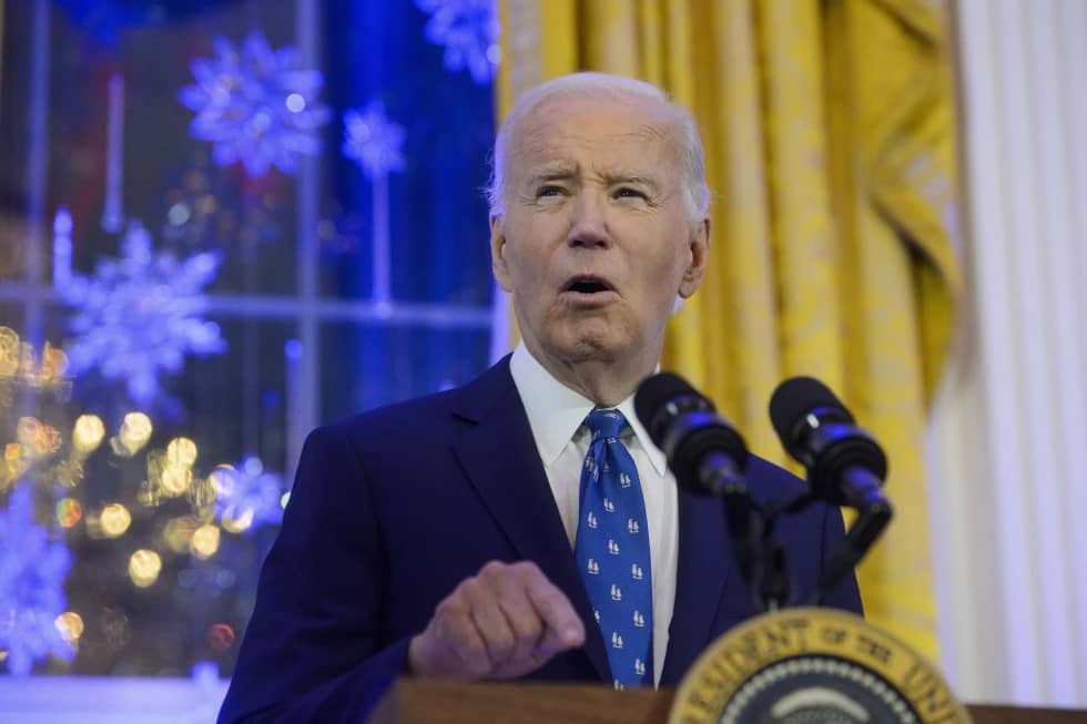 President Joe Biden speaks during a Hanukkah reception in the East Room of the White House in Washington, Monday, Dec. 16, 2024. (Credit: Rod Lamkey, Jr./AP.)