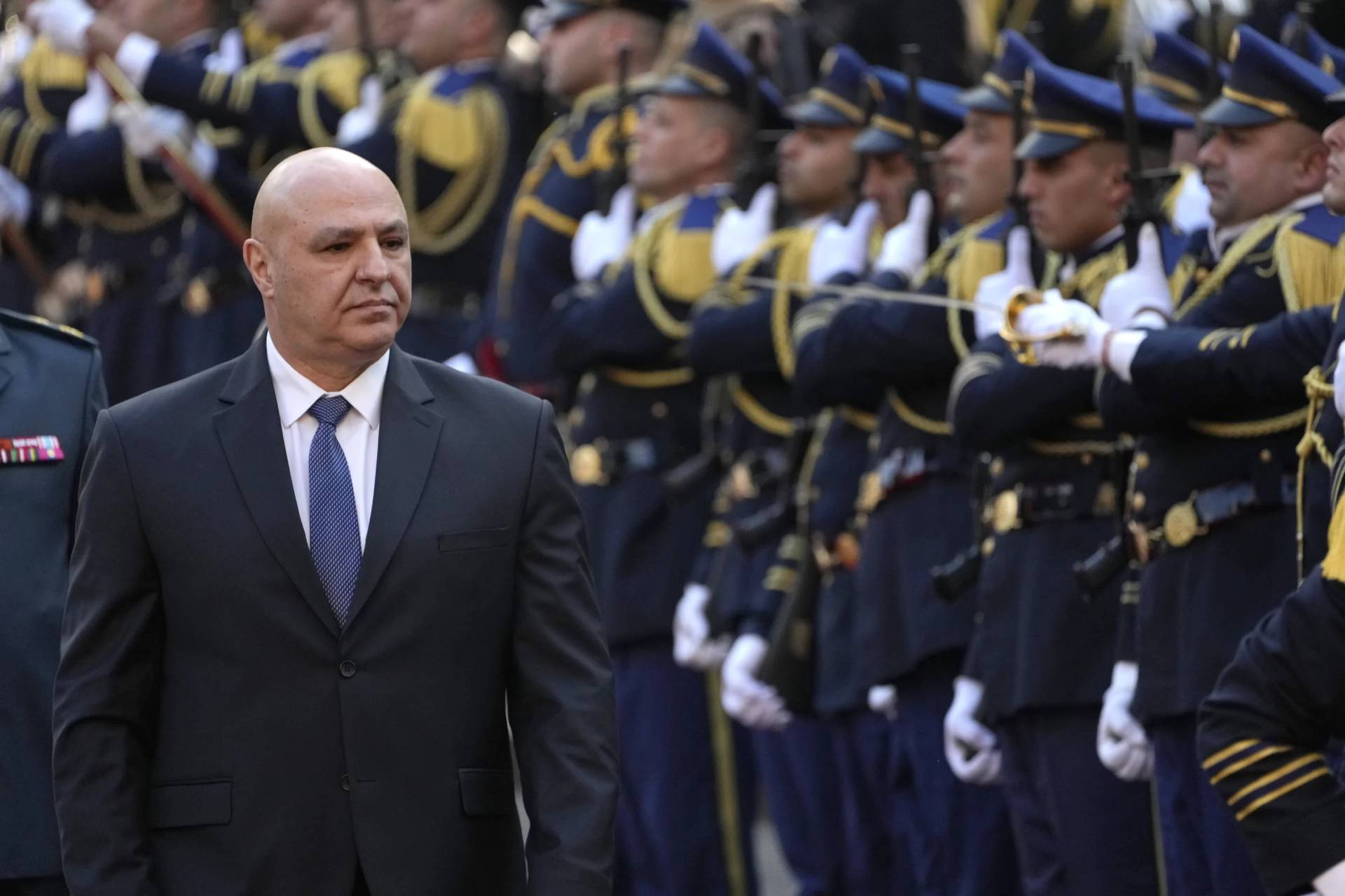 Lebanese President Joseph Aoun reviews the honor guard at the Lebanese Parliament in Beirut, Lebanon, on Jan. 9, 2025. (Credit: Hussein Malla/AP.)