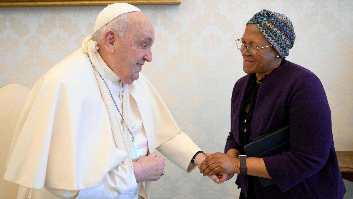 Pope Francis wearing a sling while meeting Nosipho Nausca-Jean Jezile, Chair of the Committee on World Food Security. (Credit: Vatican Media.)