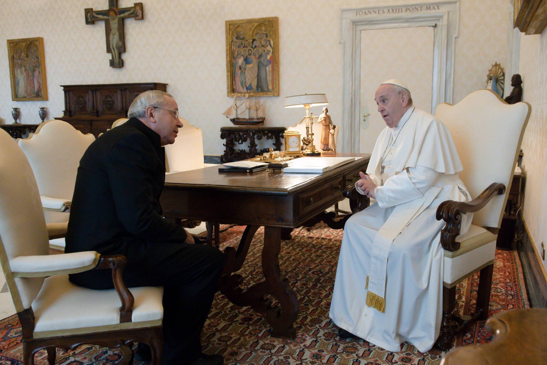 Pope Francis greets then-Jesuit Father Marko Rupnik during a private audience at the Vatican in this Jan. 3, 2022. (Credit: Vatican Media.)