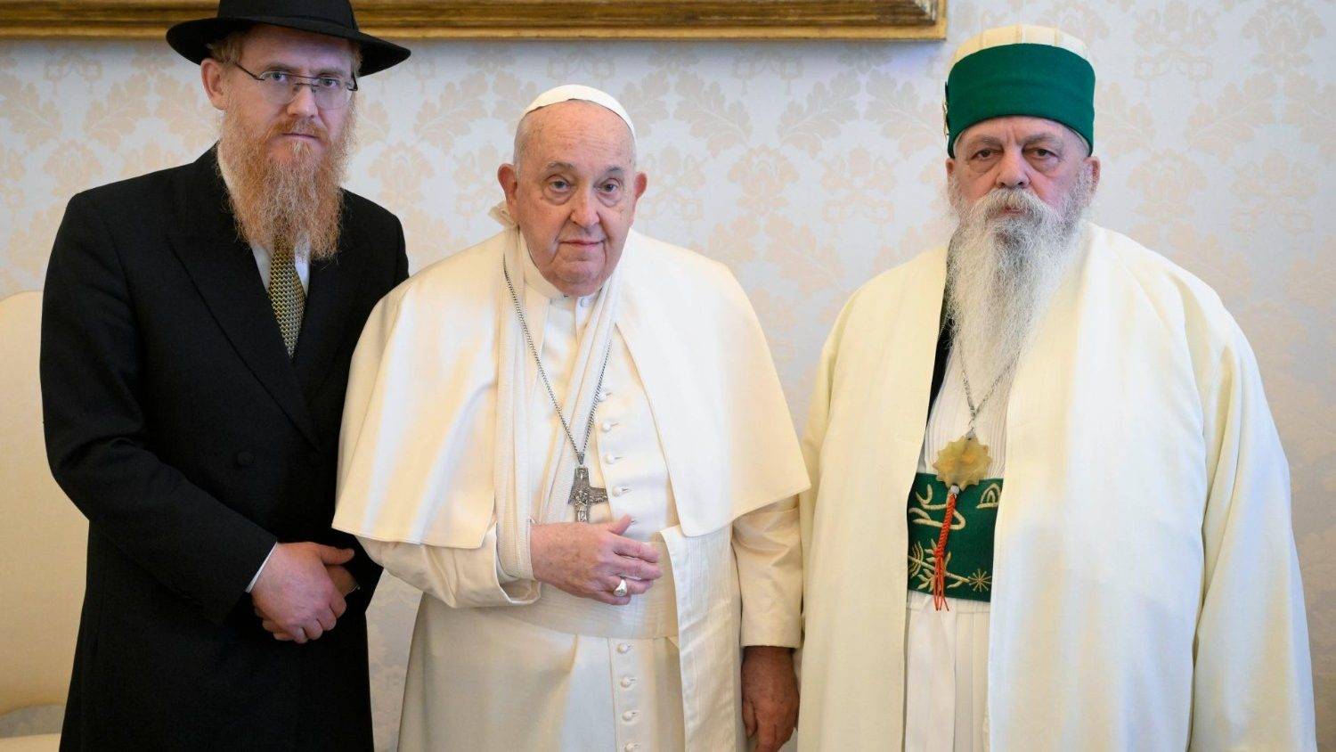 Pope Francis meeting with Haxhi Baba Edmond Brahimaj of the Muslim Bektashi community and Rabbi Yoel Kaplan, Chief Rabbi of Albania, on Jan. 16, 2025. (Credit: Vatican Media.)