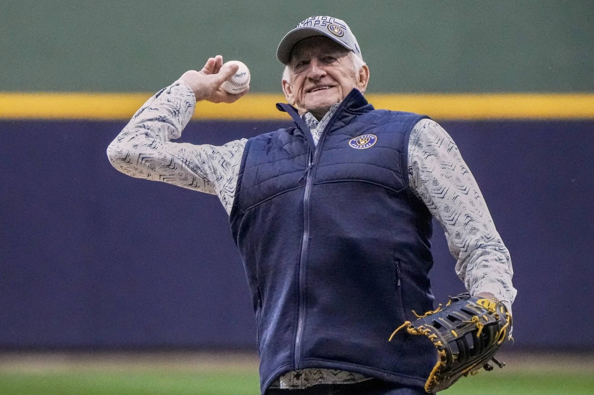 Bob Uecker throws the ceremonial first pitch before game 1 on the National League wildcard baseball game between the Milwaukee Brewers and the Arizona Diamonds on Oct. 3, 2023, in Milwaukee, Wisconsin. (Credit: Morry Gash/AP.)