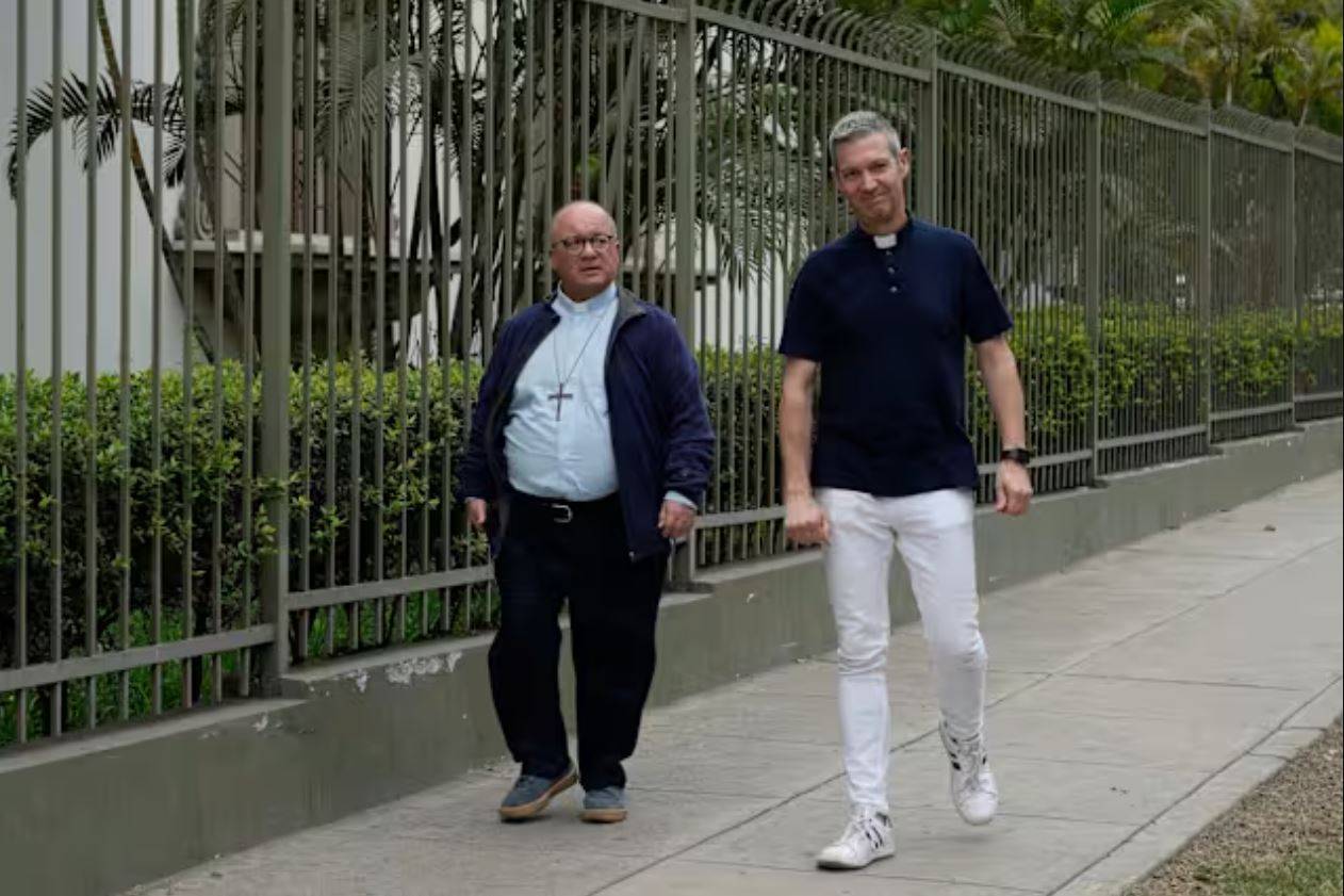 Vatican investigators, Archbishop Charles Scicluna and Monsignor Jordi Bertomeu, arrive to the Vatican nunciature in Lima, on July 25, 2023. (Credit: Martin Mejia/AP.)