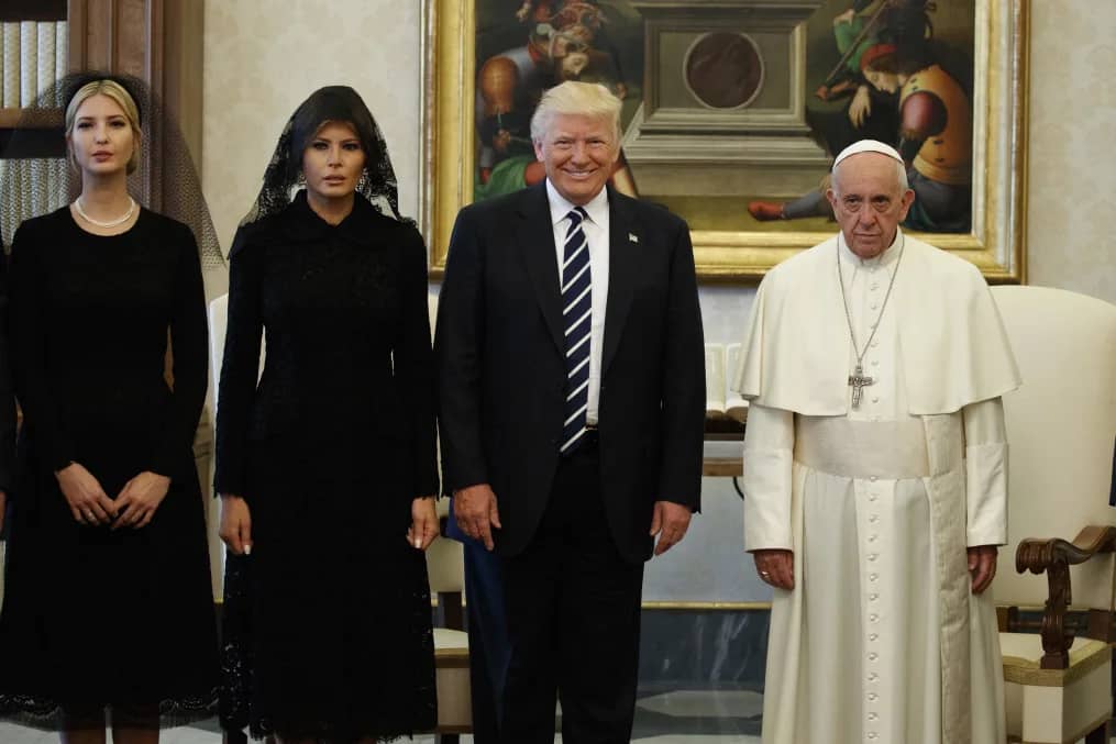 President Donald Trump meets Pope Francis with his wife Melania and daughter Ivanka on May 24, 2017. (Credit: Evan Vucci/Pool/AP.)