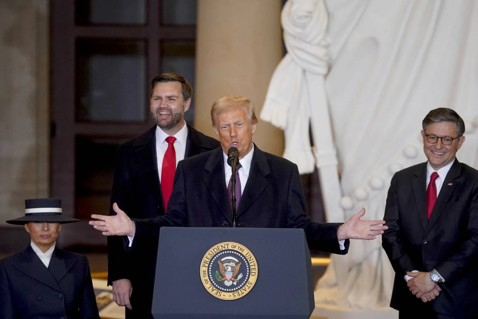 President Donald Trump speaks in Emancipation Hall after the 60th Presidential Inauguration, Monday, Jan. 20, 2025, at the U.S. Capitol in Washington. (Credit: Al Drago/Pool Photo via AP.)