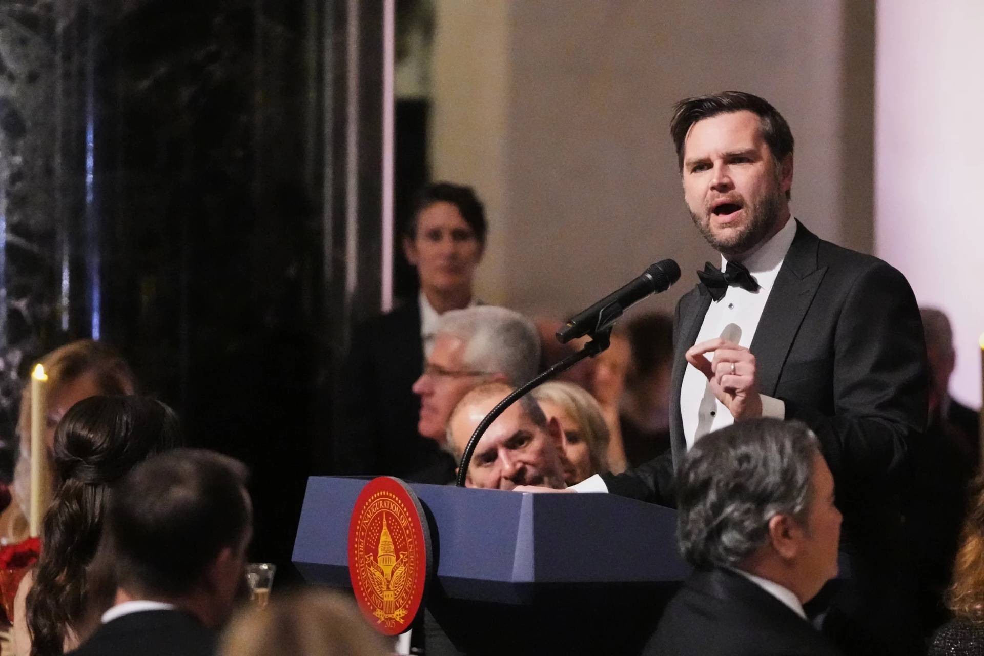 Then Vice President-elect JD Vance speaks at the National Gallery of art in Washington, D.C., on Jan. 18, 2025. (Mark Schiefelbein/AP.)