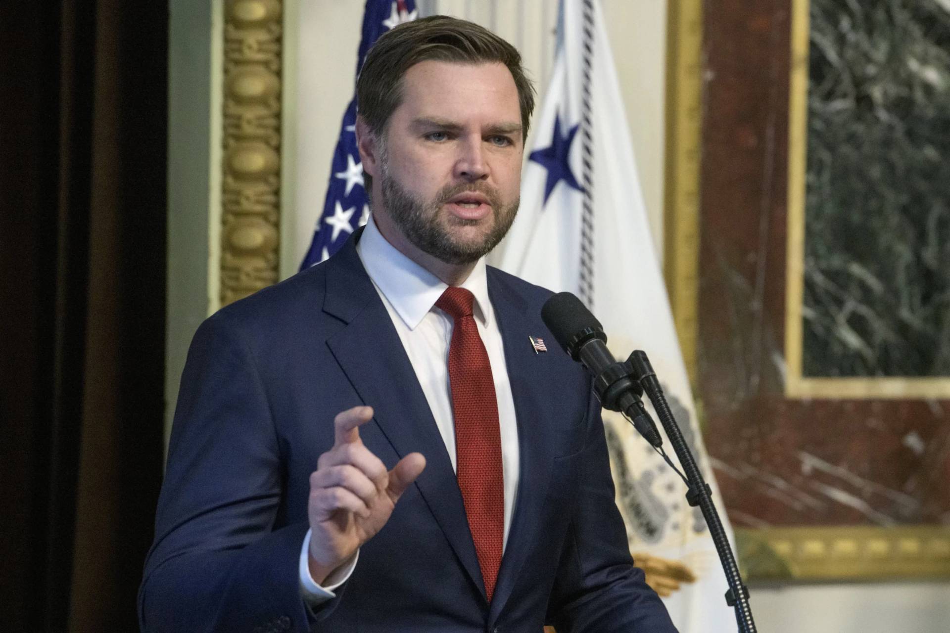 JD Vance speaks in the Indian Treaty Room of the Eisenhower Executive Office Building on the White House campus in Washington D.C. on Jan. 25, 2025. (Credit: Rob Lamkey, Jr./AP.)