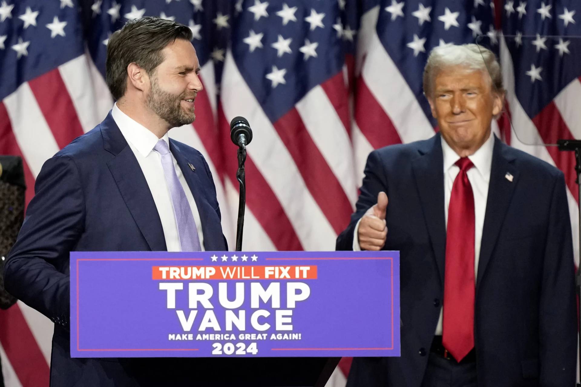 President-elect Donald Trump and incoming Vice President JD Vance on Nov. 6, 2024, in West Palm Beach, Florida. (Credit: Alex Brandon/AP.)