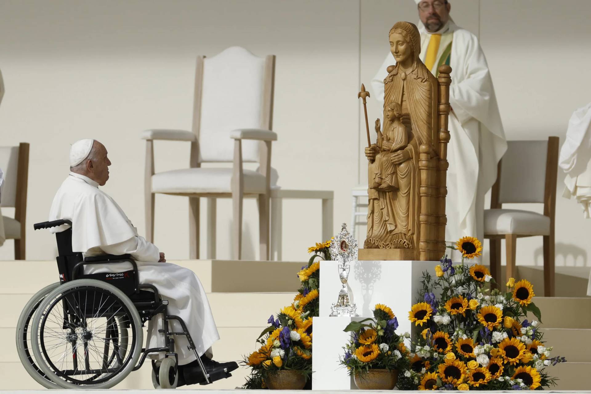 Pope Francis looks at a statue of Mary, the Mother of God, and the child Jesus in King Baudouin Stadium in Brussels, Belgium on Sep. 29, 2024. (Credit: Omar Havana/AP.)