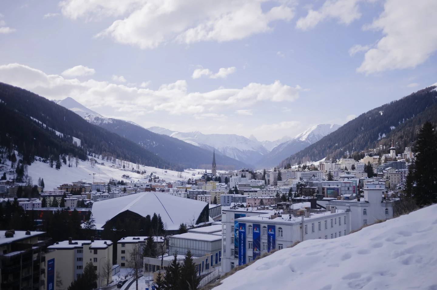 The mountains above the village of Davos, where the annual meeting of the World Economic Forum takes place, on Jan. 19, 2025. (Credit: Markus Schreiber/AP.)