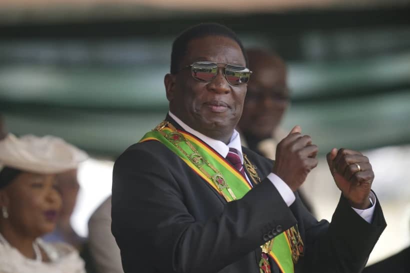 Zimbabwe President Emmerson Mnangagwa gestures during his inauguration ceremony at the National Sports Stadium in the capital, Harare, on Sept. 4 2023. (Credit: Tsvangirayi Mukwazhi/AP.)