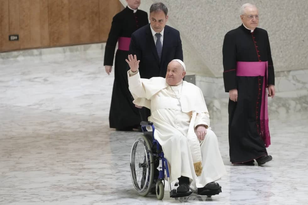 Pope Francis meets with pilgrims and faithful participating into the 2025 jubilee in the Paul VI hall at the Vatican, Saturday, Jan. 11, 2025. (Credit: AP Photo/Gregorio Borgia.)