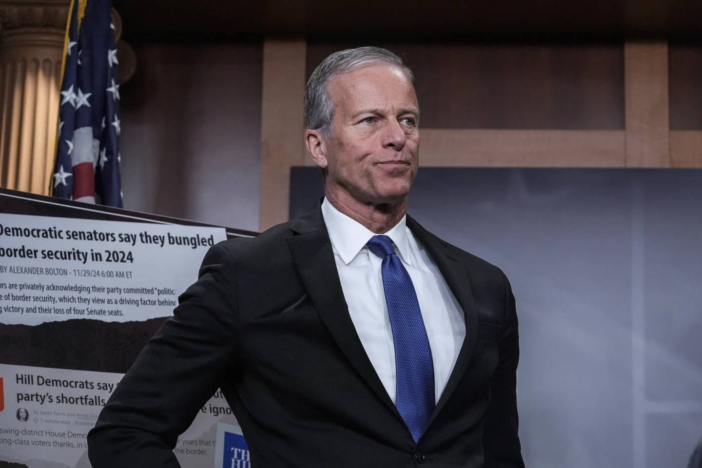 Senate Majority Leader John Thune, R-S.D., listens as Republican senators talk to reporters about the Laken Riley Act, a bill to detain unauthorized immigrants who have been accused of certain crimes, at the Capitol in Washington, Thursday, Jan. 9, 2025. (Credit: J. Scott Applewhite/AP.)