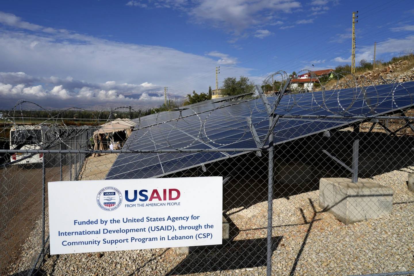 Solar panels system funded by United States Agency for International Development (USAID) are seen in the Lebanese-Syrian border town of Majdal Anjar, eastern Bekaa valley, Lebanon, Nov. 9, 2022. (Credit: Bilal Hussein/AP.)