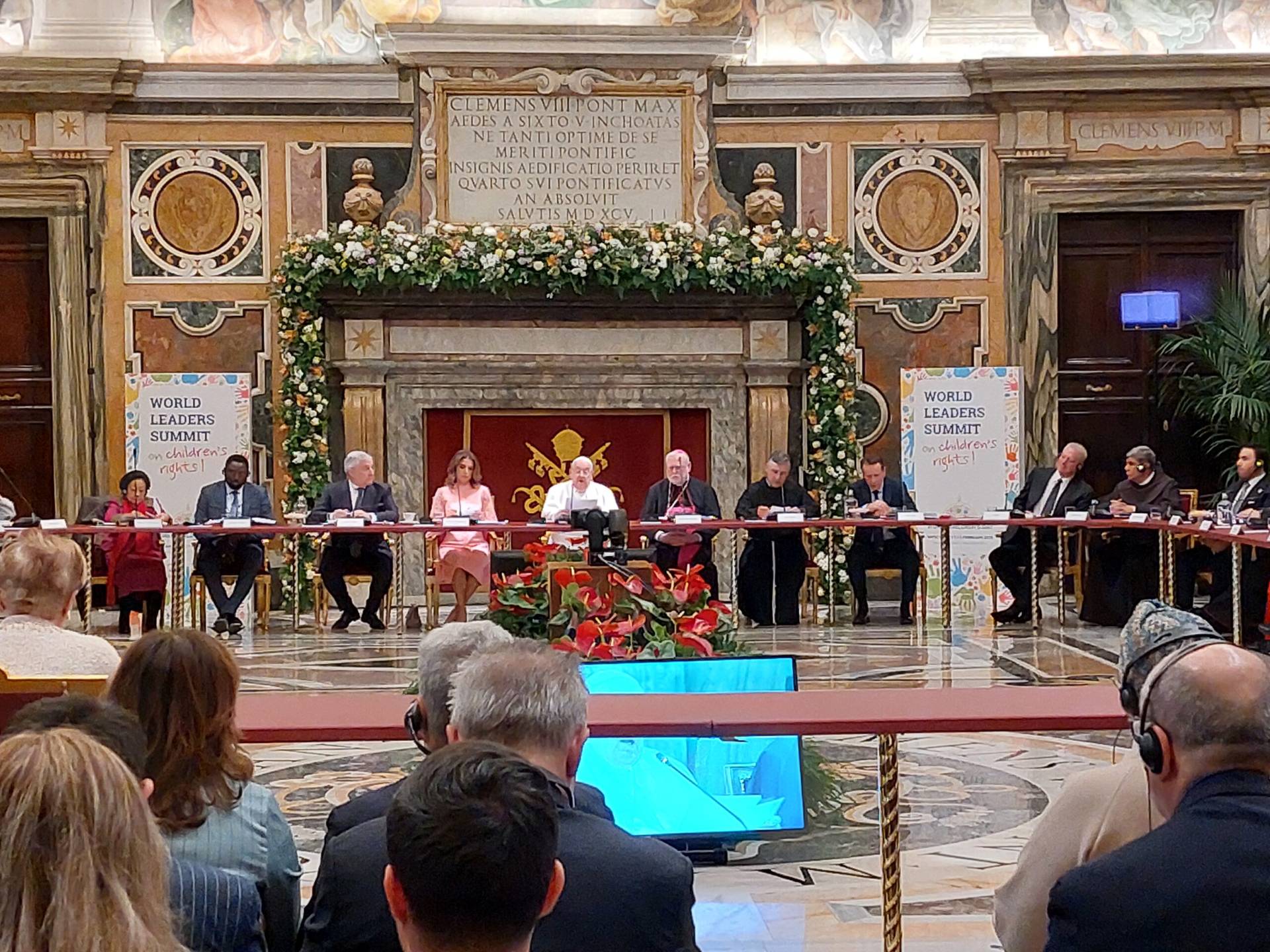 Pope Francis speaks to participants in a Feb. 3, 2025, International Summit on the Rights of the Child inside the Clementine Hall of the Vatican's Apostolic Palace. (Credit: Vatican Media.)