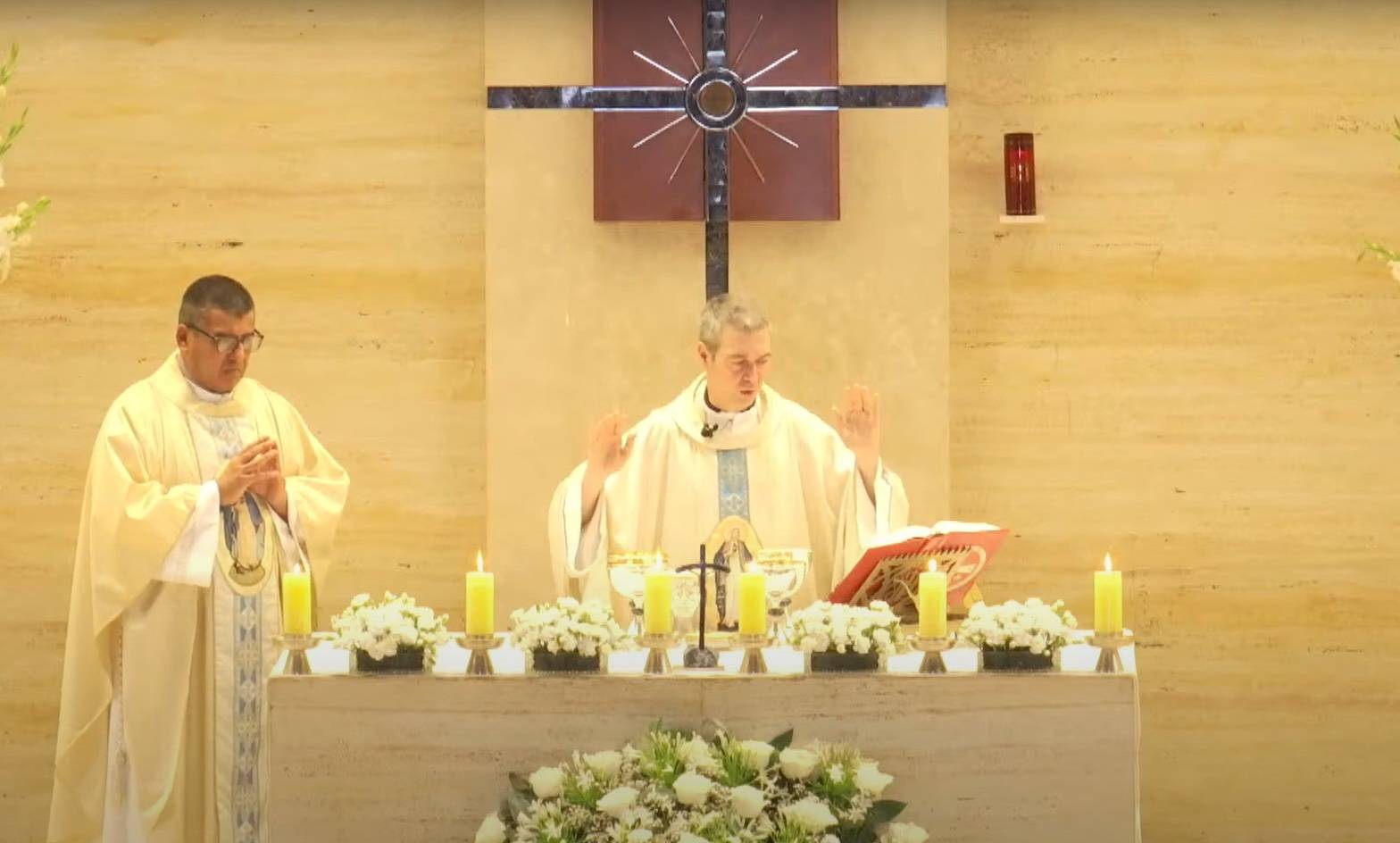 Spanish Monsignor Jordi Bertomeu Farnos celebrates Mass at Our Lady of Reconciliation parish in Lima, Peru, alongside Father Juan Carlos Rivva (L) on Sunday, Feb. 2, 2025. (Credit: Our Lady of Reconciliation parish/Screenshot.)