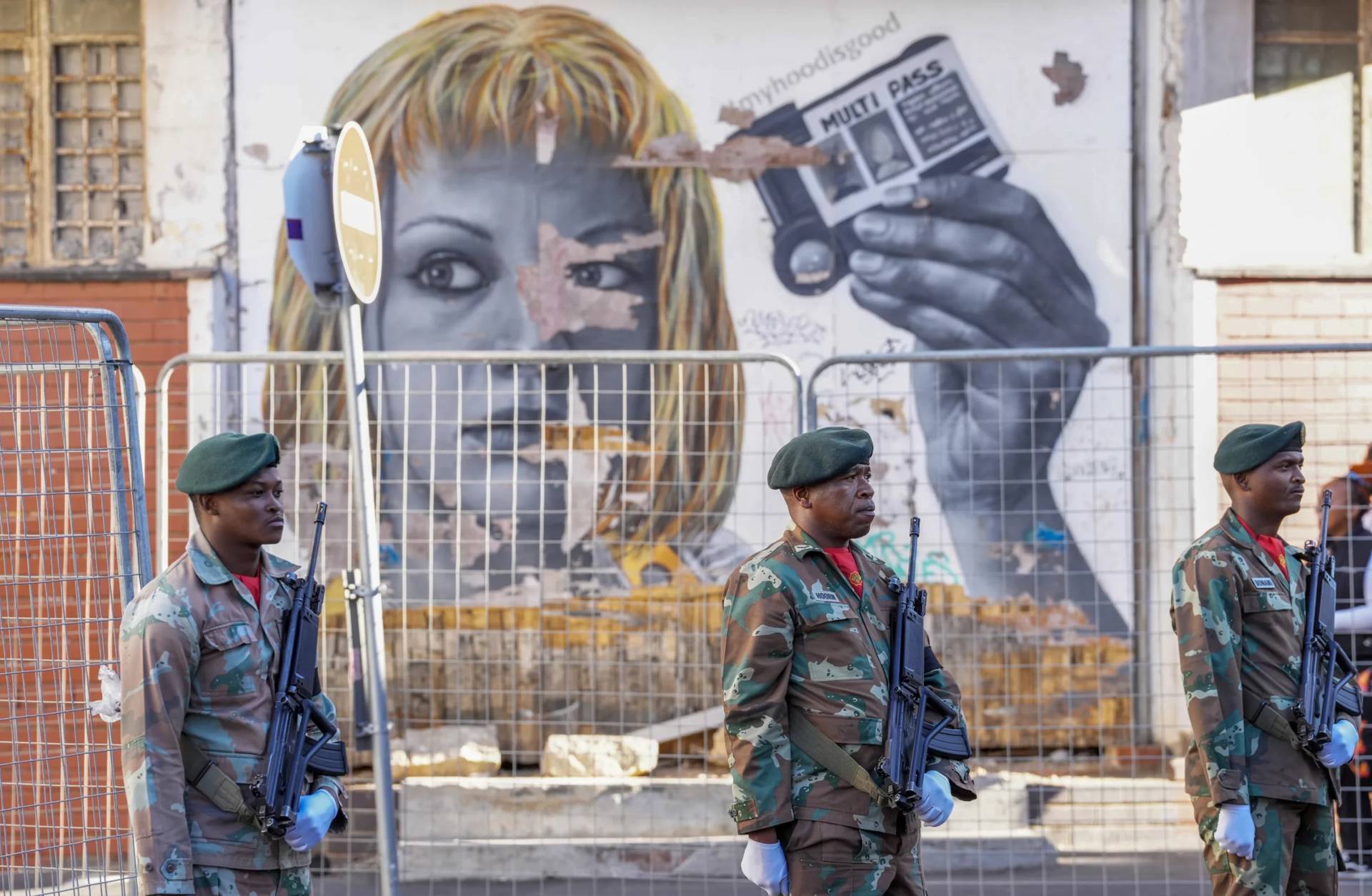 South African soldiers line the street leading to Cape Town’s city hall where South African President Cyril Ramaphosa delivers his annual state of the union address, Thursday, Feb. 6, 2025. (Credit: Nardus Engelbrecht/AP.)