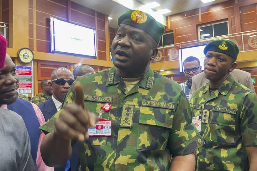 Gen. Christopher Musa, Nigerian Chief of Defense Staff, speaks to reporters in Abuja, Nigeria, Feb. 20, 2024. (Credit: Chinedu Asadu/AP.)