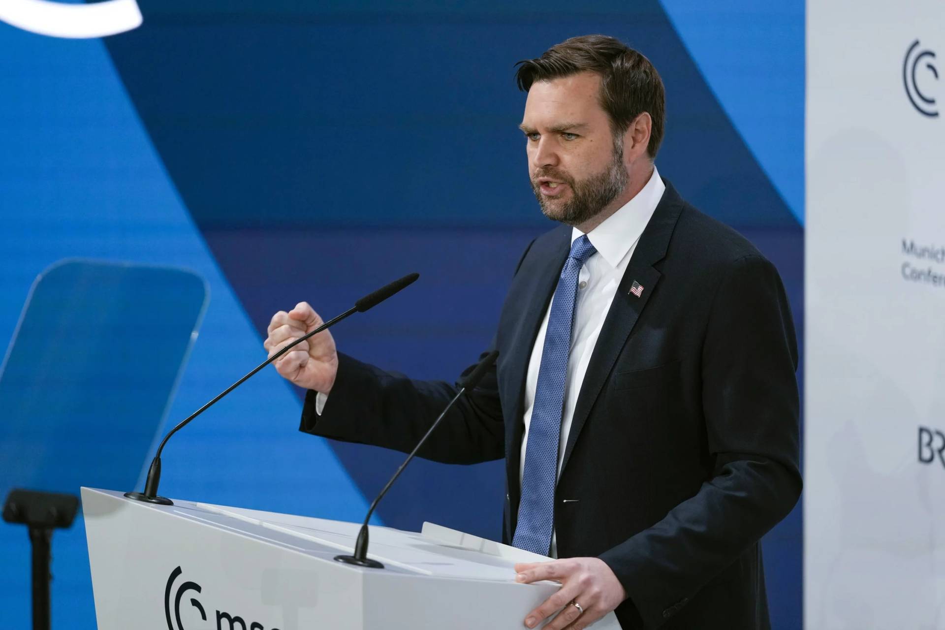 United States Vice-President JD Vance addresses the audience during the Munich Security Conference at the Bayerischer Hof Hotel in Munich, Germany, Friday, Feb. 14, 2025. (Credit: Matthias Schrader/AP.)