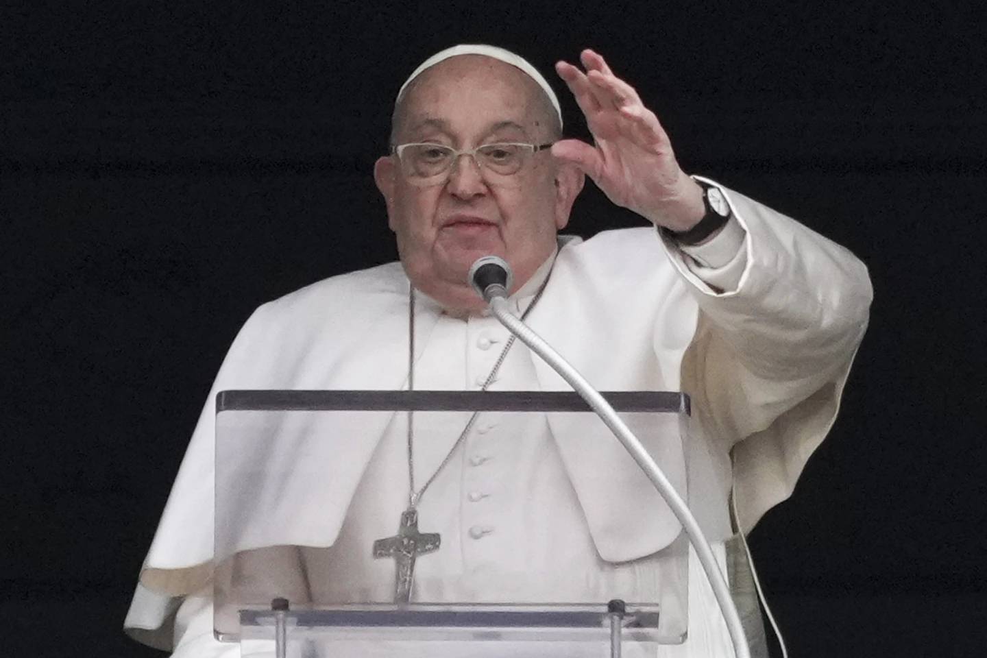 Pope Francis delivers his blessing as he recites the Angelus noon prayer from the window of his studio overlooking St. Peter's Square at the Vatican on Sunday, Jan. 19, 2025. (Credit: Andrew Medichini/AP.)