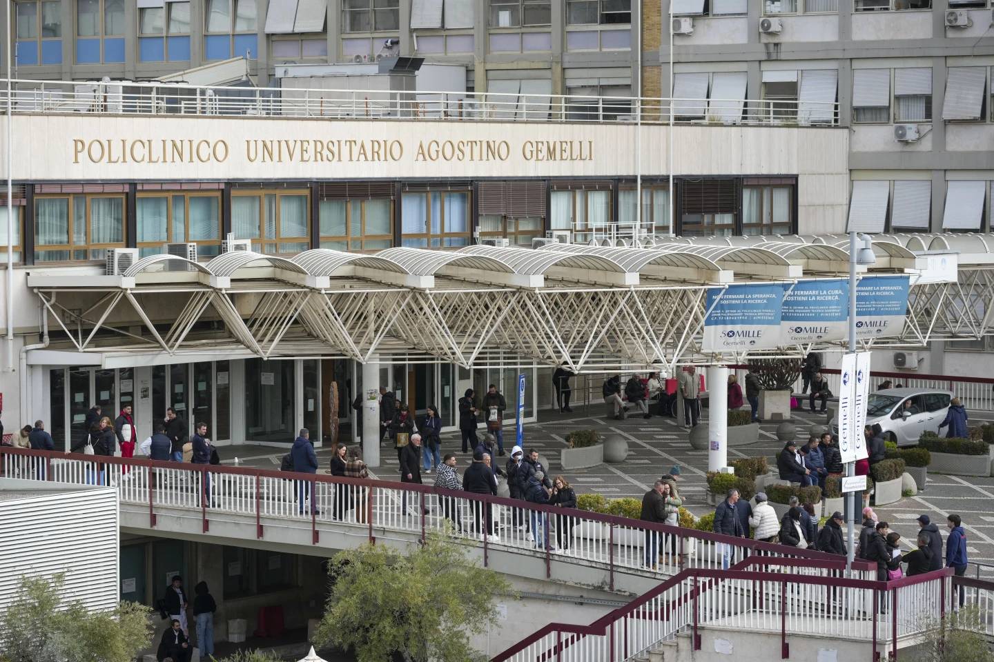 A view of the main entrance of the Gemelli Hospital in Rome on Monday. Feb. 17, 2025. (Credit: Andrew Medichini/AP.)