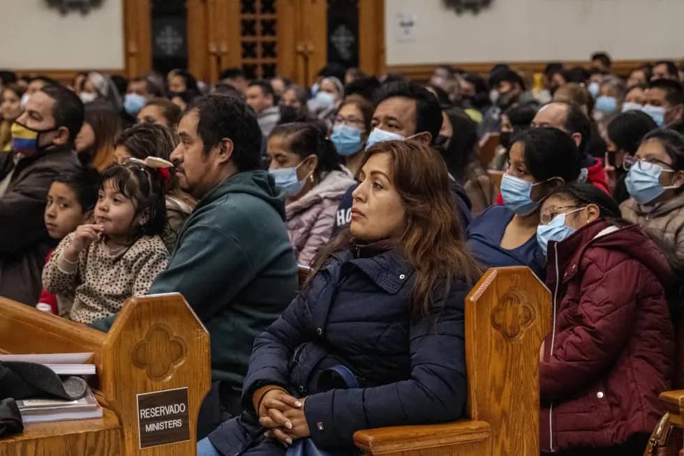 Parishioners attend Mass at Our Lady of Sorrows Catholic Church in the Queens borough of New York on Sunday, May 8, 2022. According to a report released Thursday, April 13, 2023, by the Pew Research Center, Catholics remain the largest religious group among Latinos in the United States, but the number of Latinos who identify as religiously unaffiliated continues to grow. (Credit: Brittainy Newman/AP.)