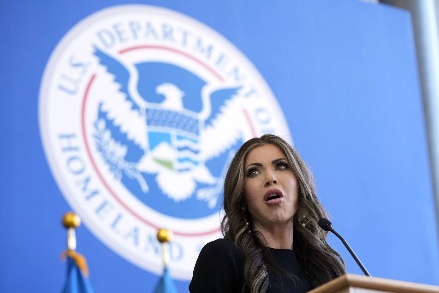 Homeland Security Secretary Kristi Noem speaks to employees at the Department of Homeland Security, Tuesday, Jan. 28, 2025, in Washington (Credit: Manual Balce Ceneta/AP.)