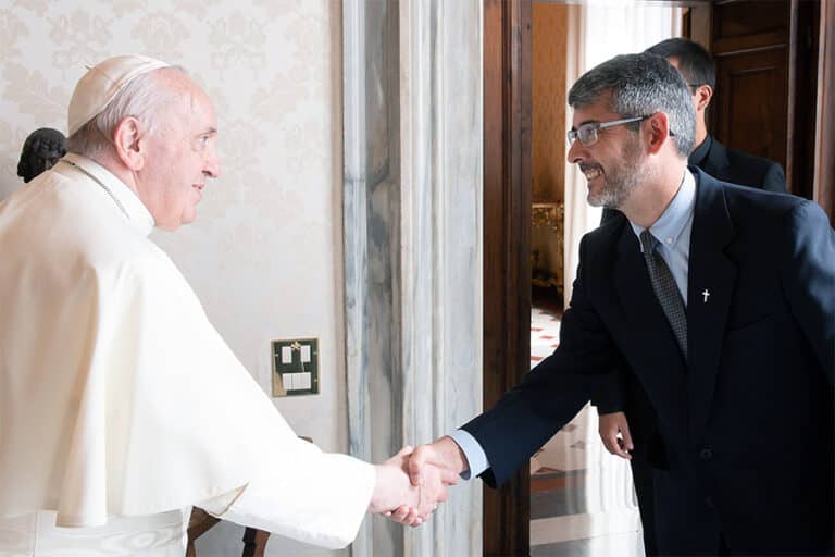 Pope Francis greets the superior general of Sodalitium, José David Correa, during a private audience at the Vatican Oct. 30, 2021. (Credit: Vatican Media.)