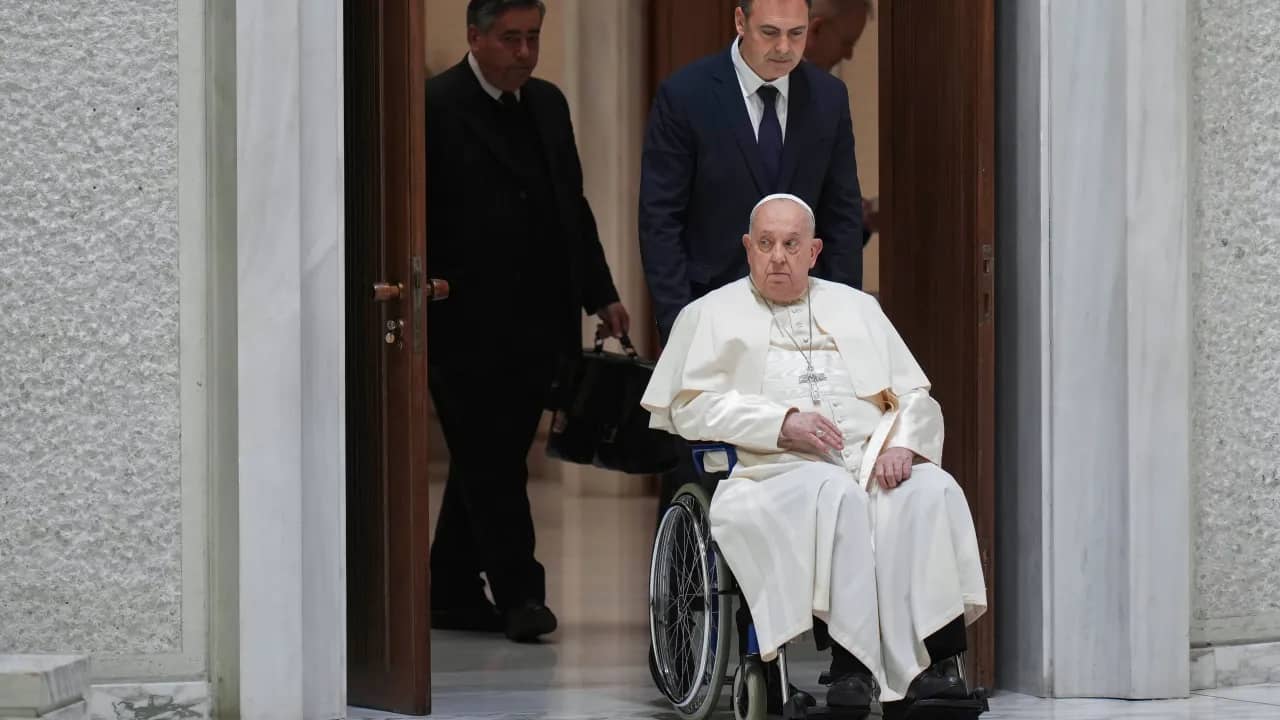 Pope Francis arrives for his weekly general audience in the Paul VI Hall, at the Vatican, Wednesday, Jan. 8, 2025. (Credit: Alessandra Tarantino/AP.)