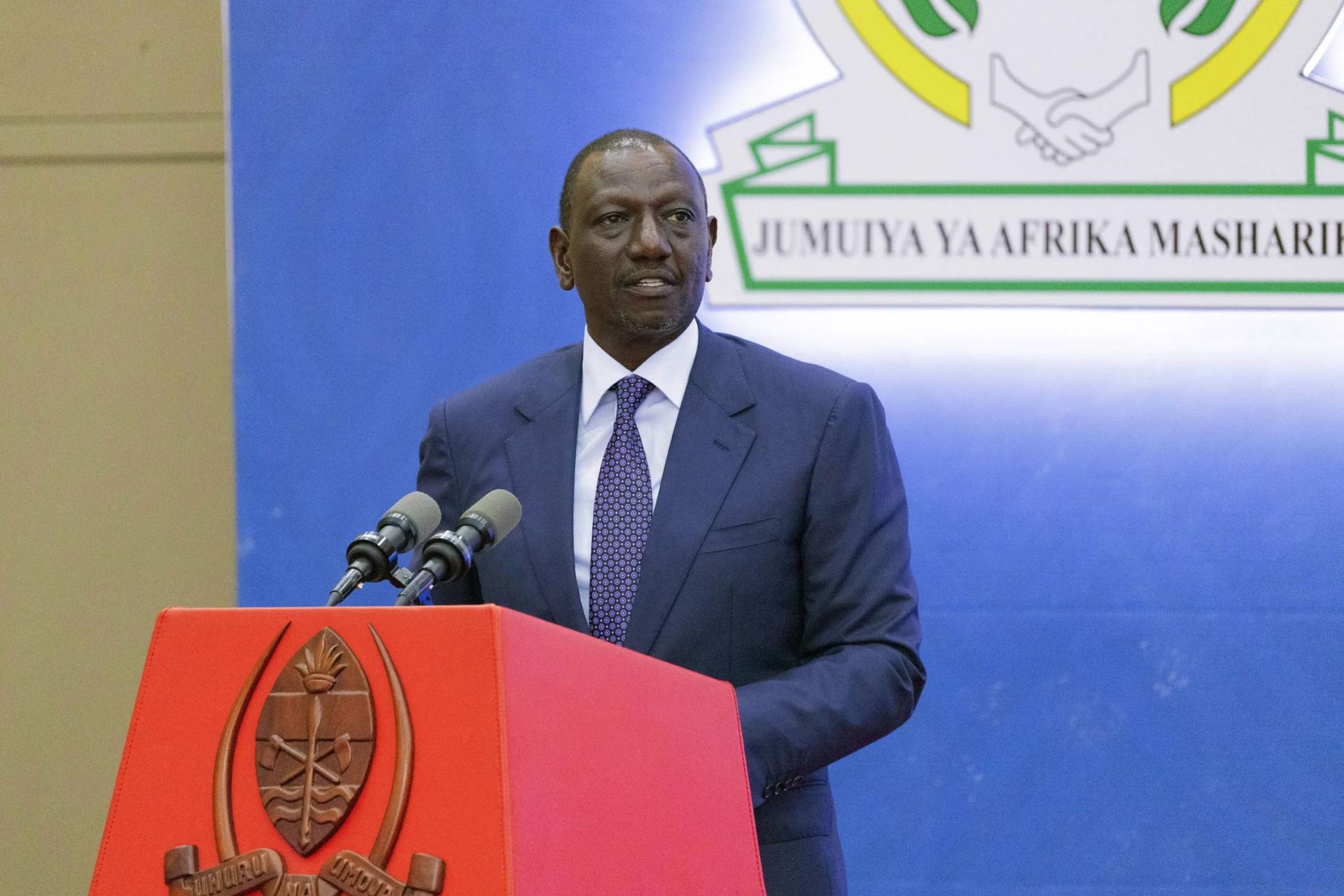 Kenyan President William Ruto speaks during a joint summit to address conflict in Eastern Democratic Republic of Congo, hosted by the Southern African Development Community (SADC) and the East Africa Community (EAC) in Dar es Salaam, Tanzania Saturday, Feb. 8, 2025. (Credit: Elia Yunga/AP.)