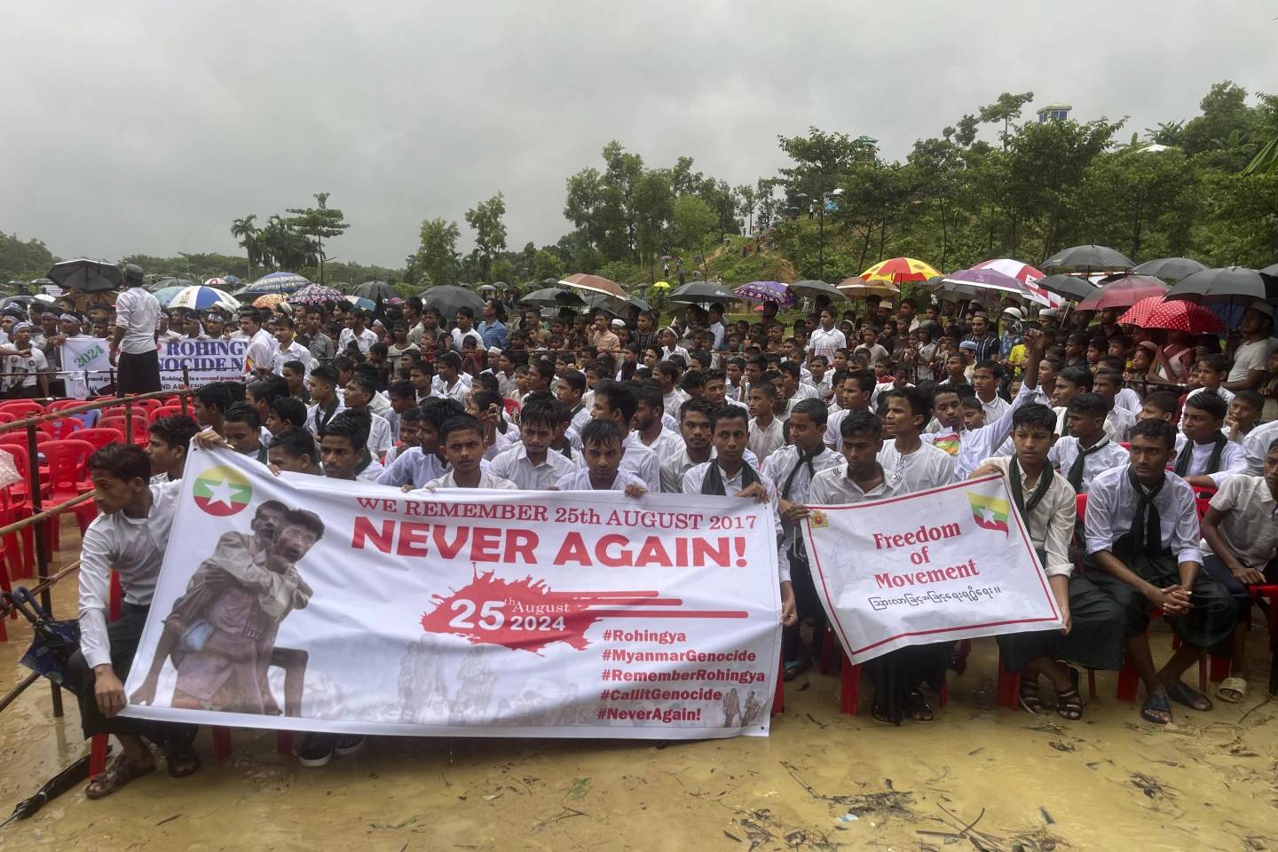 Hundreds of Rohingyas gather to demand safe return to Myanmar’s Rakhine state as they mark the seventh anniversary of their exile from Myanmar at their refugee camp at Kutupalong in Cox’s Bazar district, Bangladesh, Aug. 25, 2024. (Credit: Shafiqur Rahman/AP.)