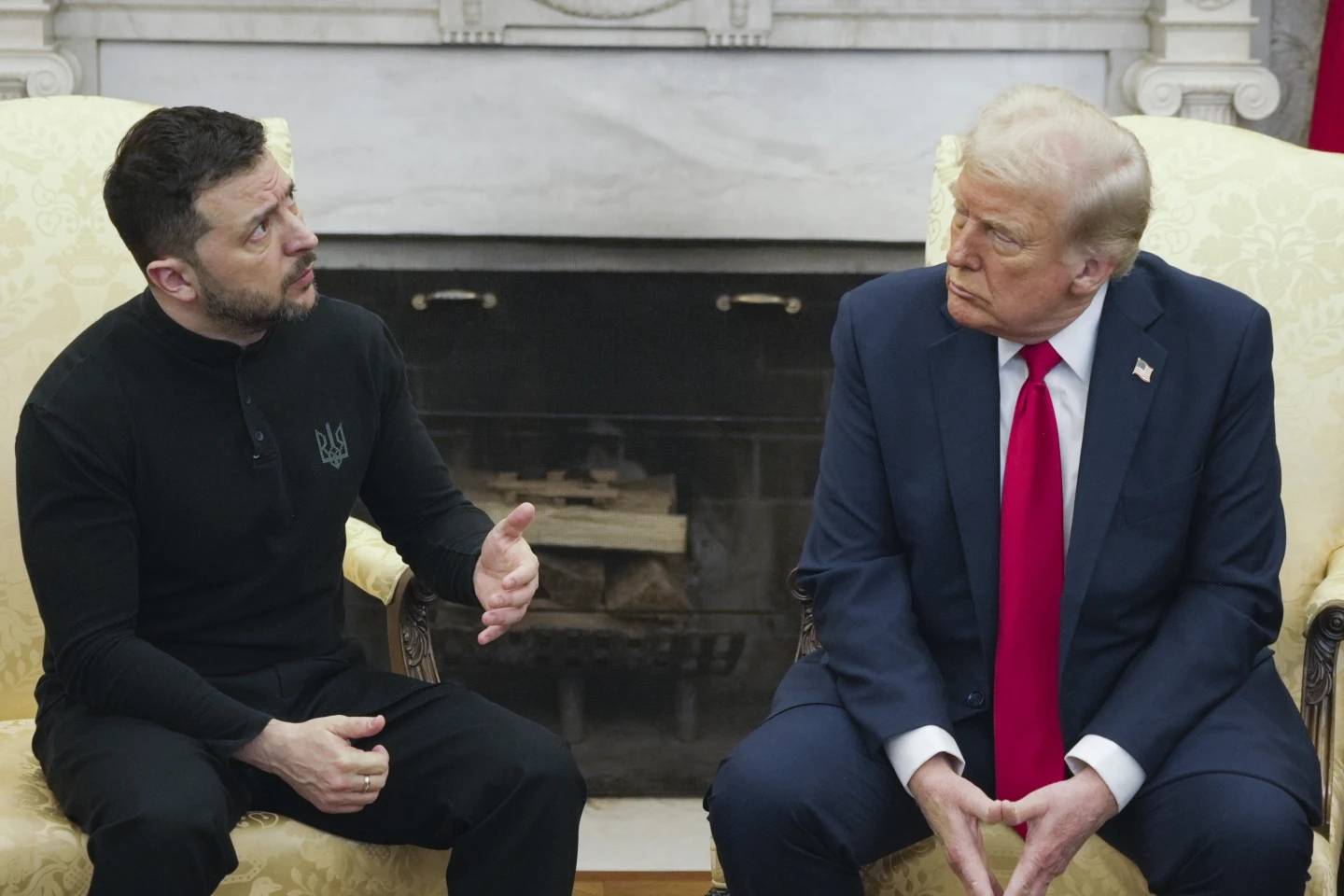 President Donald Trump, right, meets with Ukrainian President Volodymyr Zelenskyy in the Oval Office at the White House, Friday, Feb. 28, 2025, in Washington. (Credit: Mystyslav Chernov/AP.)