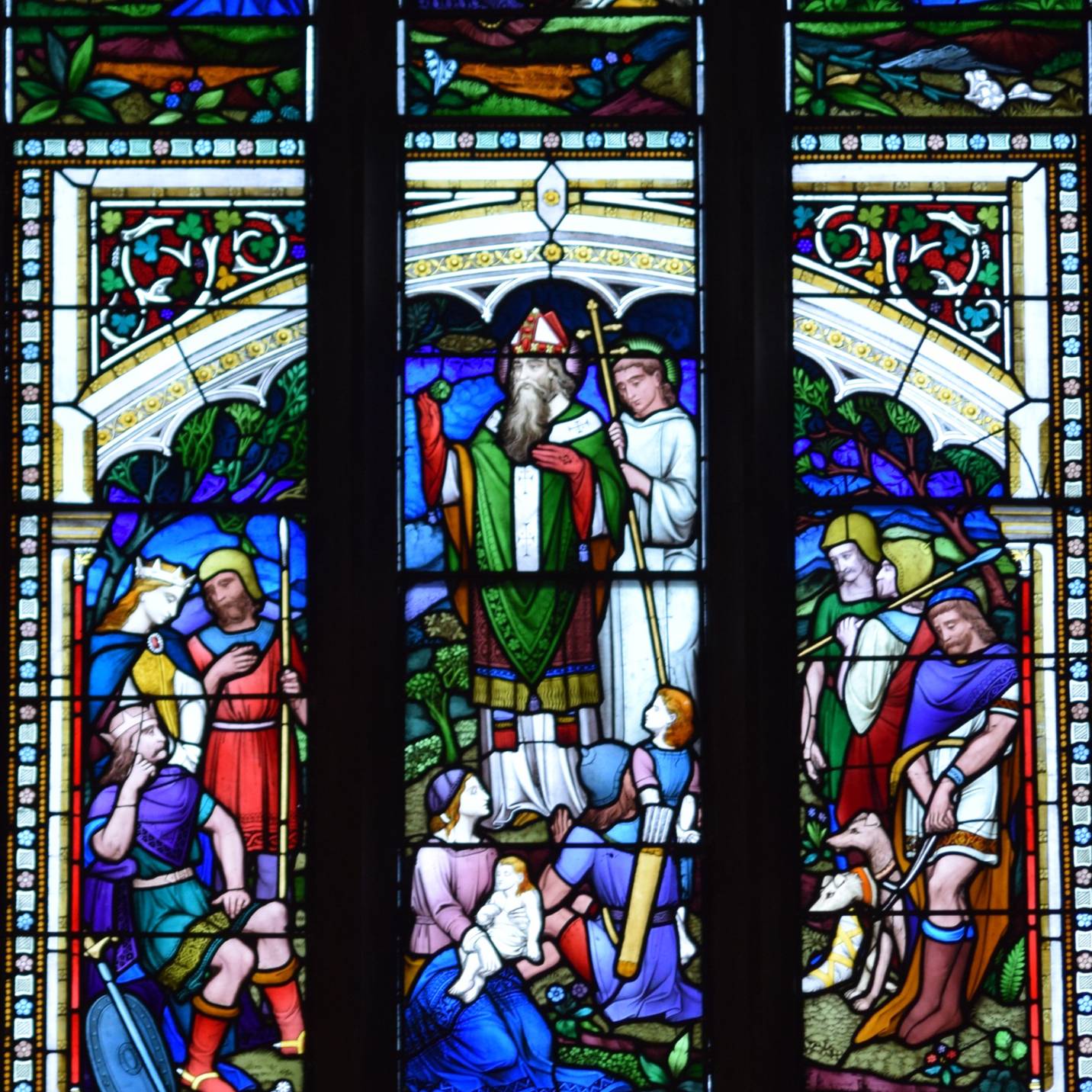 Image of Saint Patrick as depicted on a stained glass window of Saint Patrick's Cathedral, Armagh, Ireland. (Credit: Bishops' Conference of Ireland.)