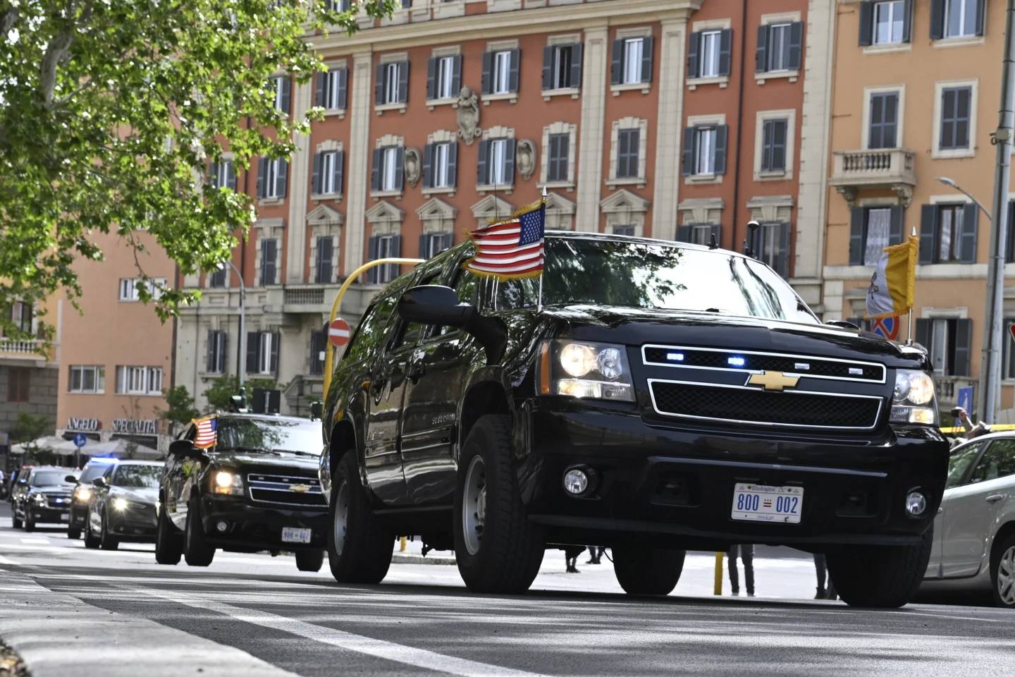 The motorcade of U.S. President JD Vance is seen en route to Vatican City, in Rome, Italy, Sunday, April 20, 2025. (Credit: Kenny Holston/Pool Photo via AP.)