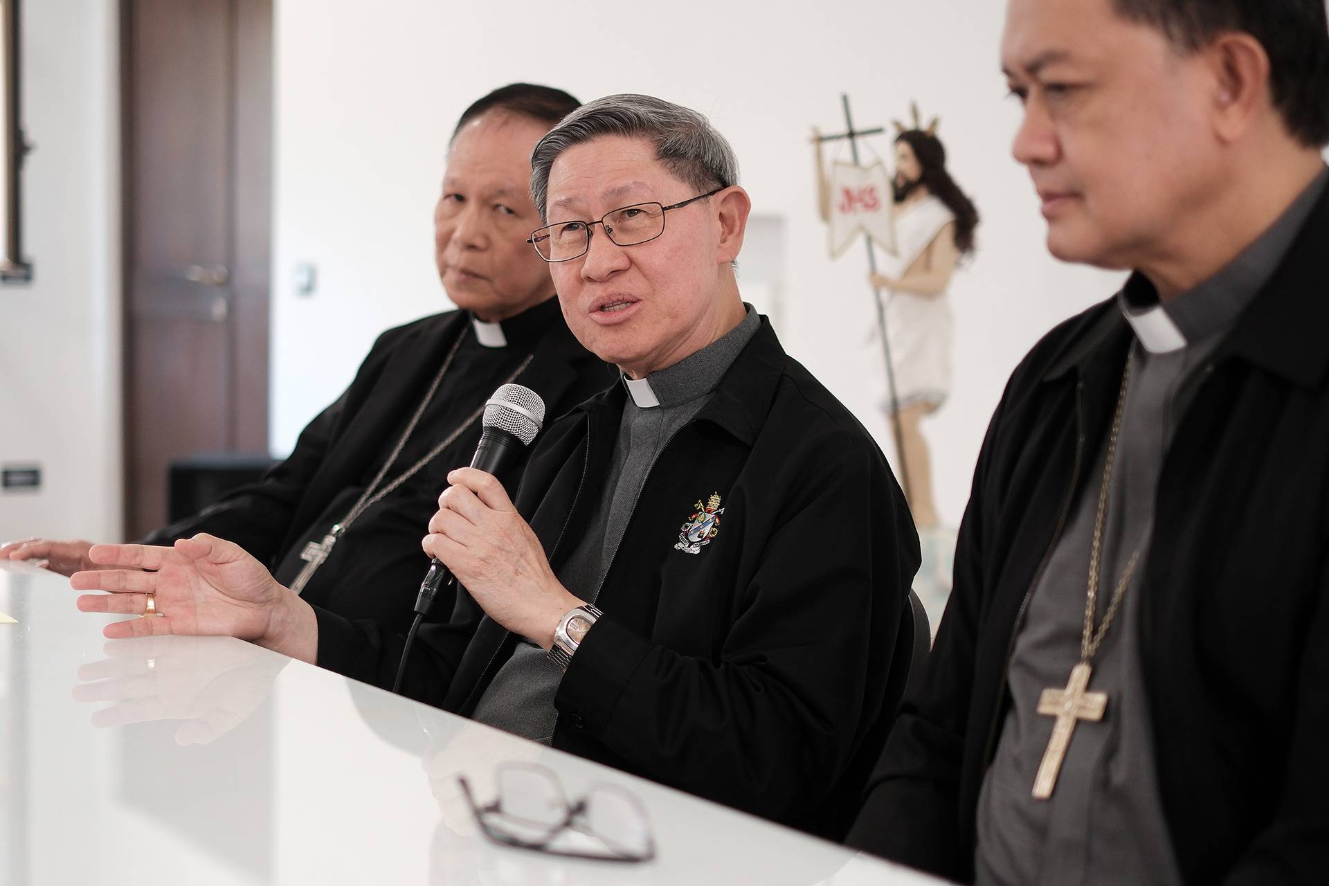 Cardinal Luis Antonio Tagle speaks at a post-conclave press conference along with two other Filipino cardinal electors at the Pontificio Collegio Filippino in Rome, May 9, 2025. (Credit: Roy Lagarde/CBCP News.)