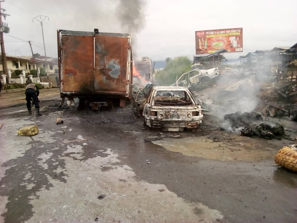 Destroyed vehicles after a clash in Buea, South West Cameroon, in a file photo. (Credit: Voice of America.)