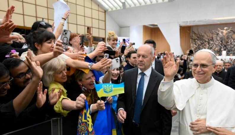 Pope Leo XIV greets people at Jubilee of the Oriental Churches in the Vatican’s Audience Hall on May 14, 2025. (Credit: Vatican Media.)