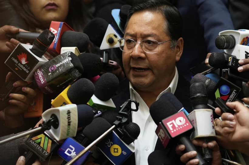 Bolivian President Luis Arce gives a press conference at the presidential palace in La Paz, Bolivia, April 7, 2025. (Credit: Juan Karita/AP.)