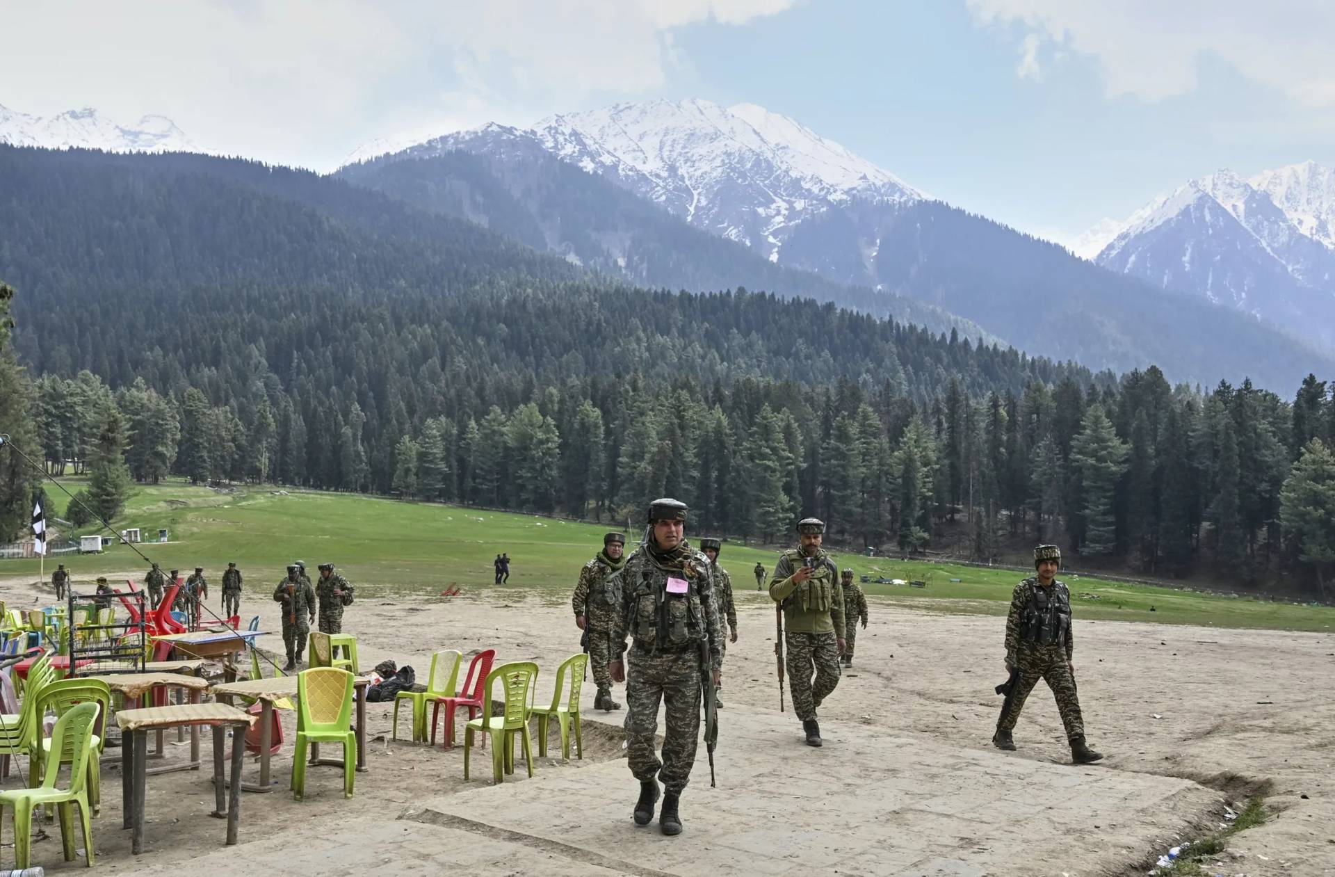 India security officers inspect the site of a terrorist attack in Kashmir on April 23, 2025. (Credit: Associated Press.)
