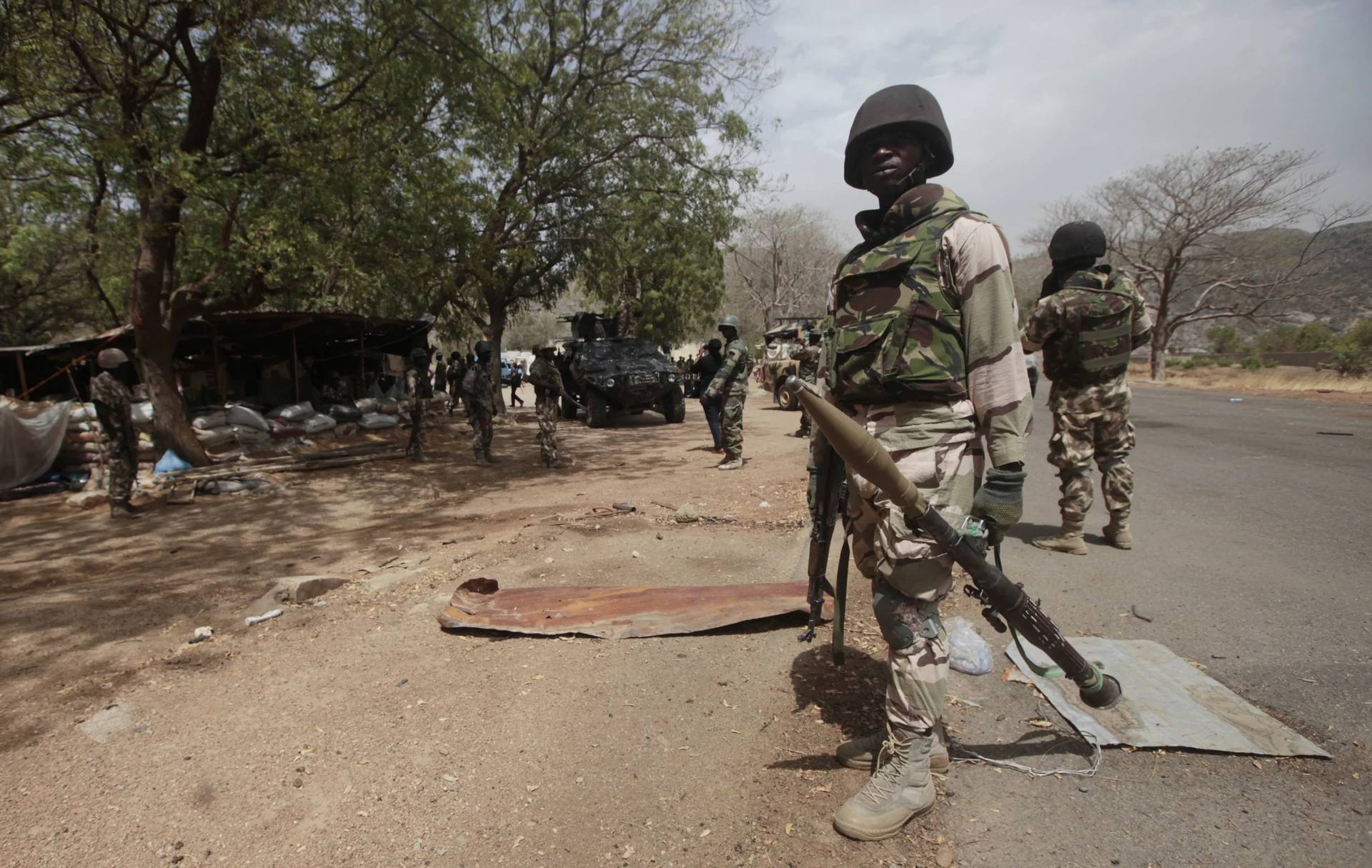 Nigerian soldiers in Gwoza, in northeast Nigeria, on April 8, 2015. (Credit: Lekan Oyekanmi/AP.)