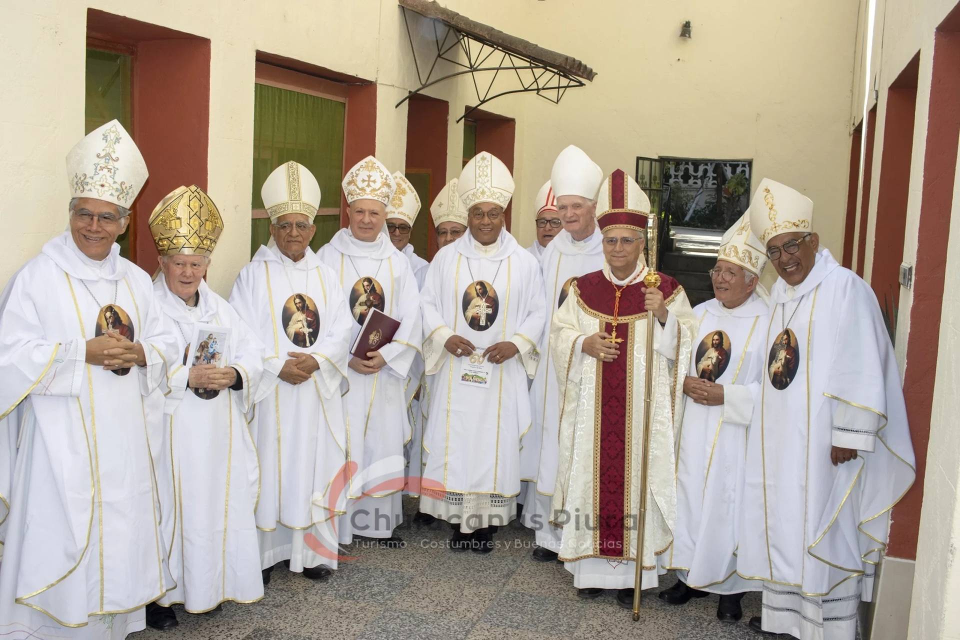 In the photo released by the Diocese of Chulucanas, Bishop Robert Prevost, third from right, poses with members of the clergy in Chulucanas, Peru, on Aug. 12, 2024. (Credit: Diocese of Chulucanas via AP.)